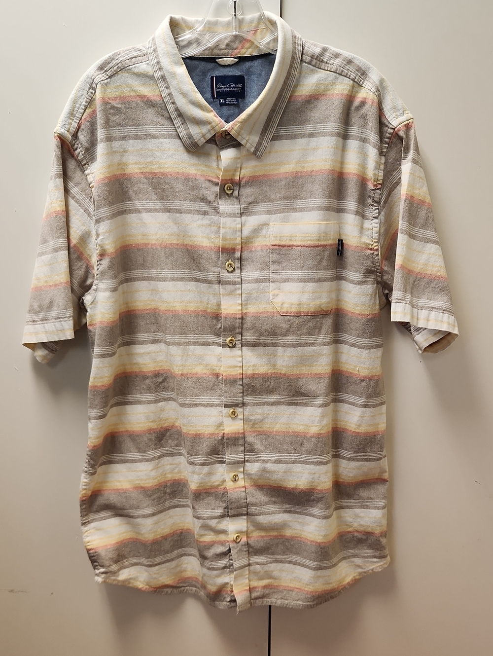 XL. Jack O'Neil Short Sleeve Stripe Button-Up Shirt - Cream, Gray, Yellow